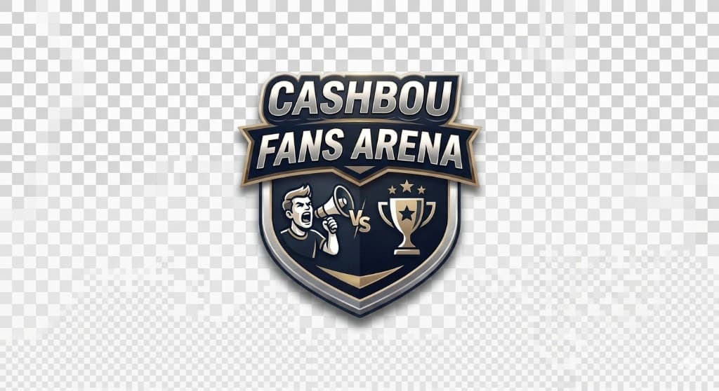 Cashbou Fans Arena logo — metallic shield with Cashbou and Fans Arena lettering, fan with megaphone vs trophy.
