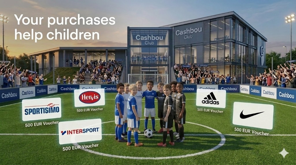 Photo of a youth soccer team on the pitch in front of a Cashbou Club building at sunset, with illustrative voucher-style tiles over the scene.